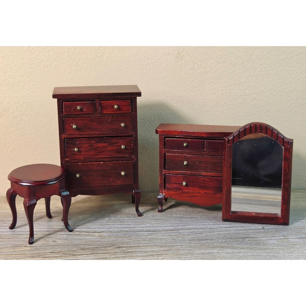 Vintage 1:12 Dollhouse Miniature Mahogany Bedroom Furniture Set Working Drawers